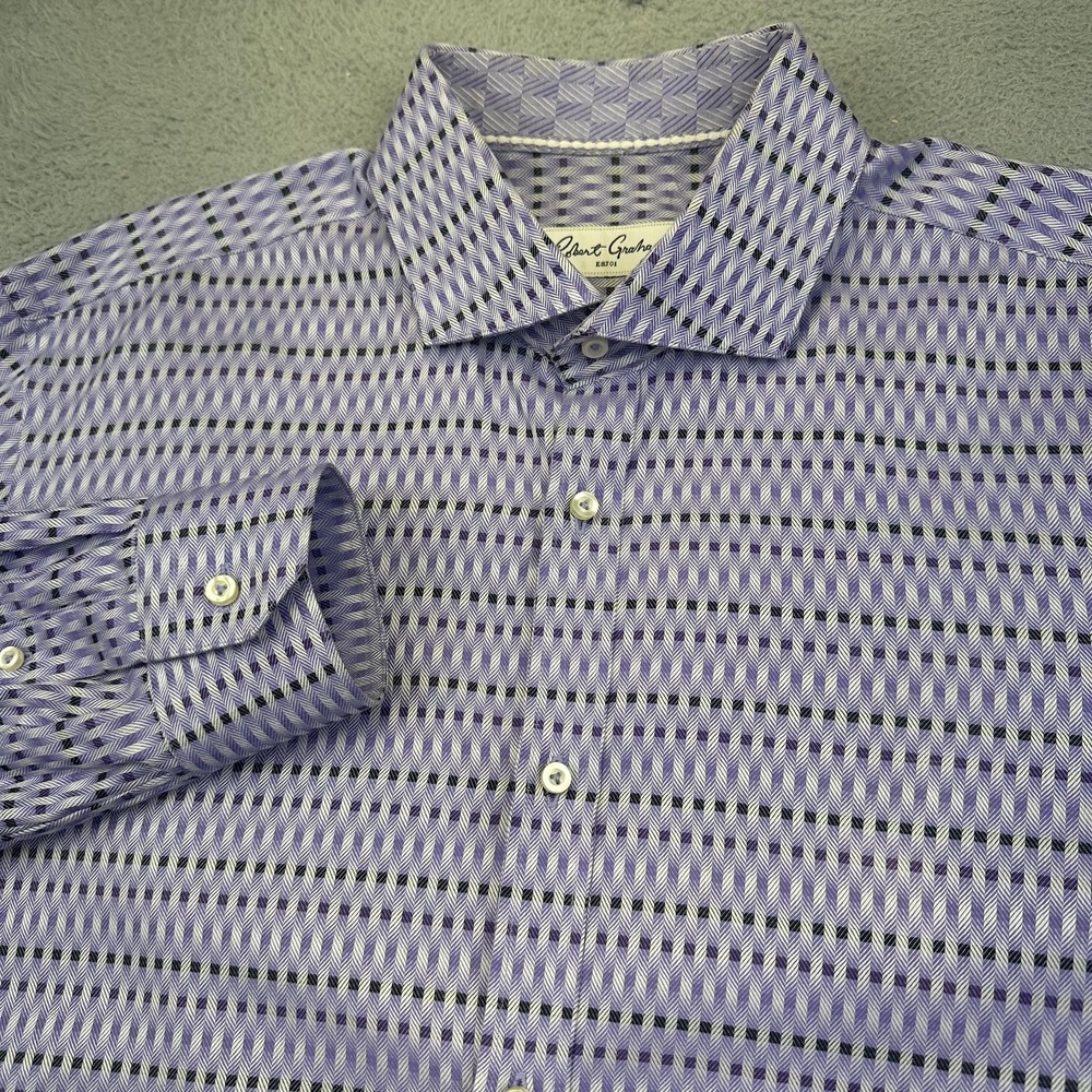 Robert Graham Shirt Mens XL 17.5 Purple Herringbone Long Sleeve Button Front